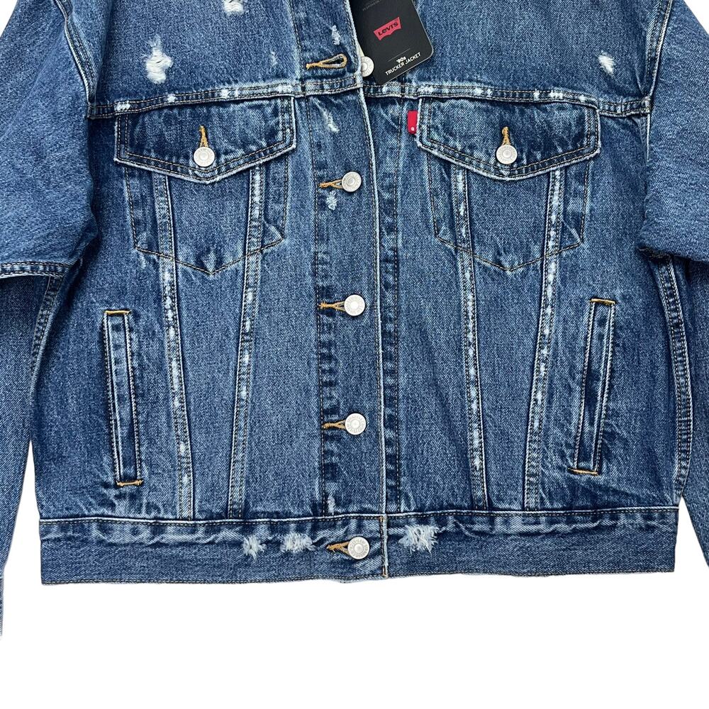 Levis 90s Trucker Jacket Sz S Relaxed Fit Medium Wash Collared Distressed Denim - Picture 3 of 11